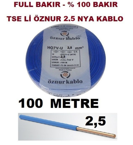 MAVİ 2,5 MM NYA ÖZNUR KABLO TSE Lİ , 100 Metre - 0